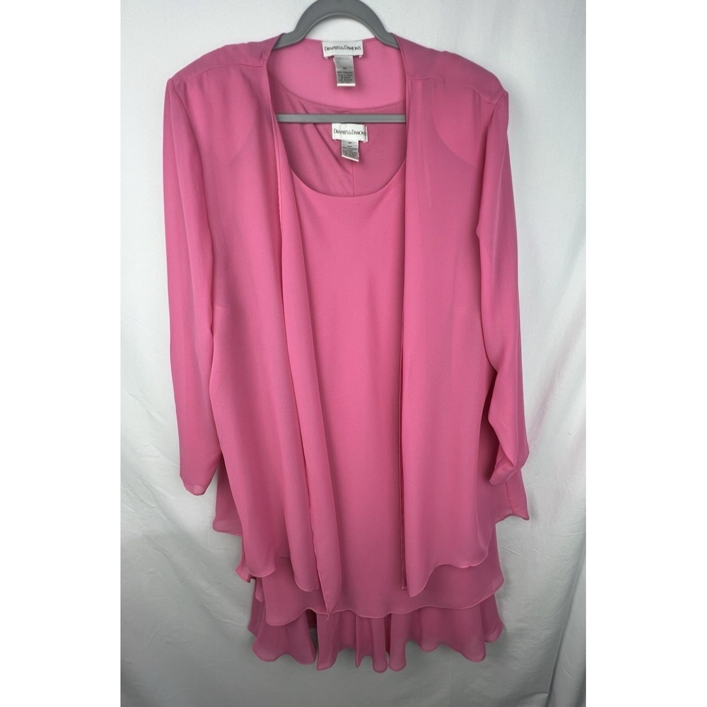 Draper's & Damon's Women's 3X Pink 2 Piece Dress Set Sheer Jacket Layered Hem